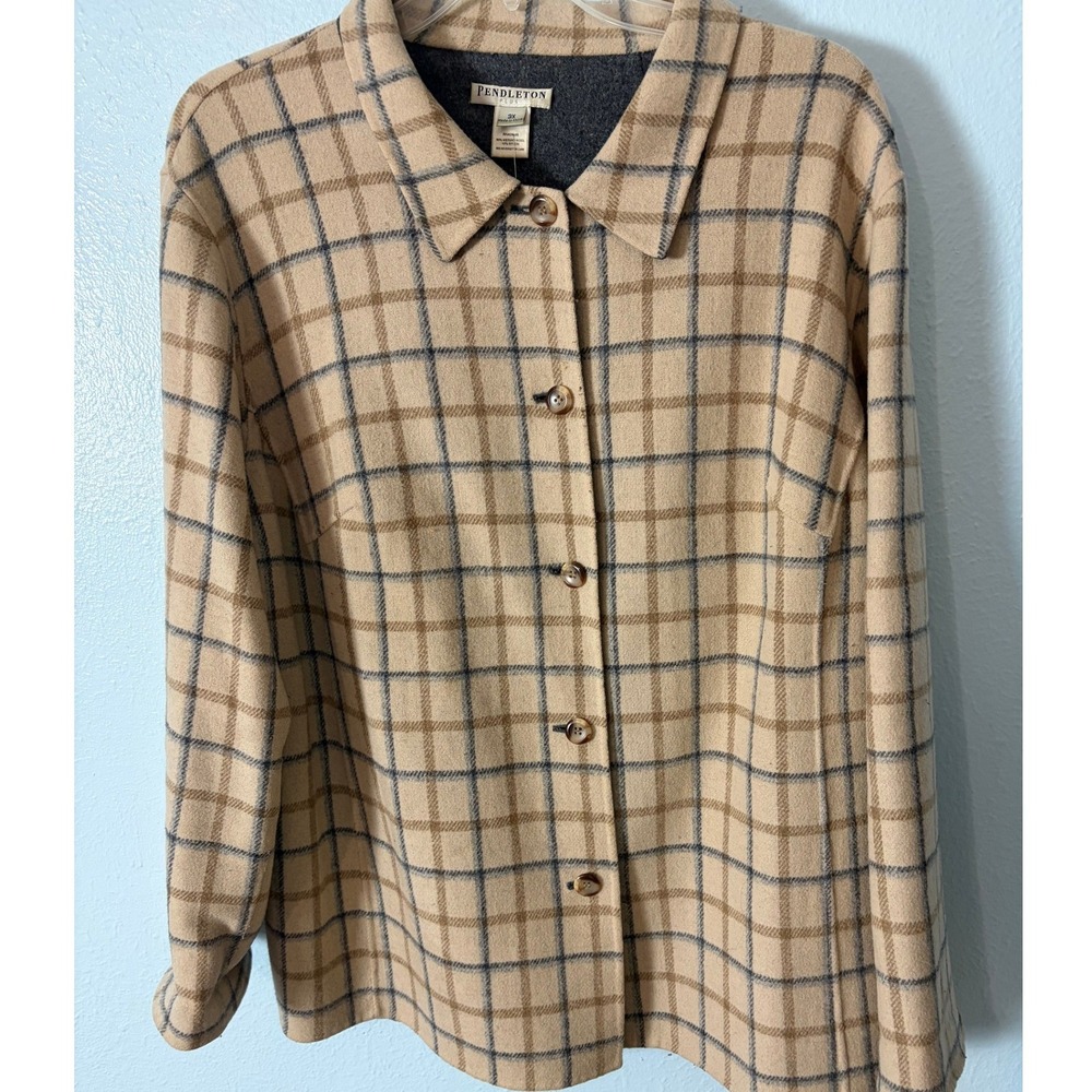 Pendleton Plus Women 3X Merino Wool Plaid Button Front Jacket Tan Brown Fall